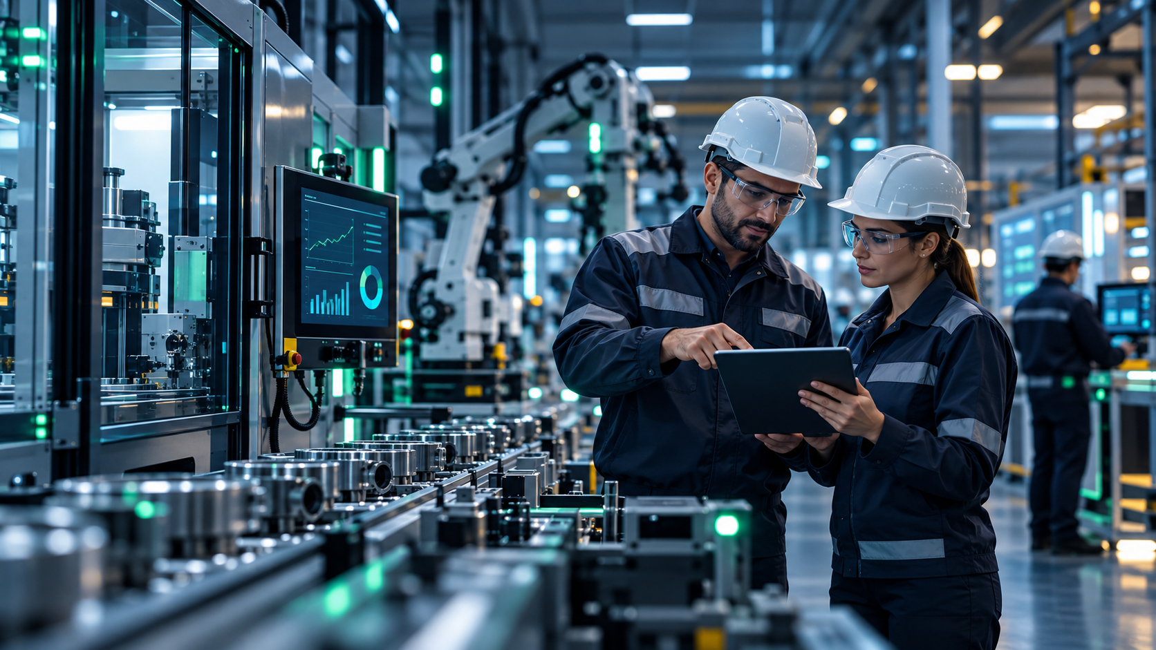 Profissionais em ambiente industrial com tecnologia e gestao integrada