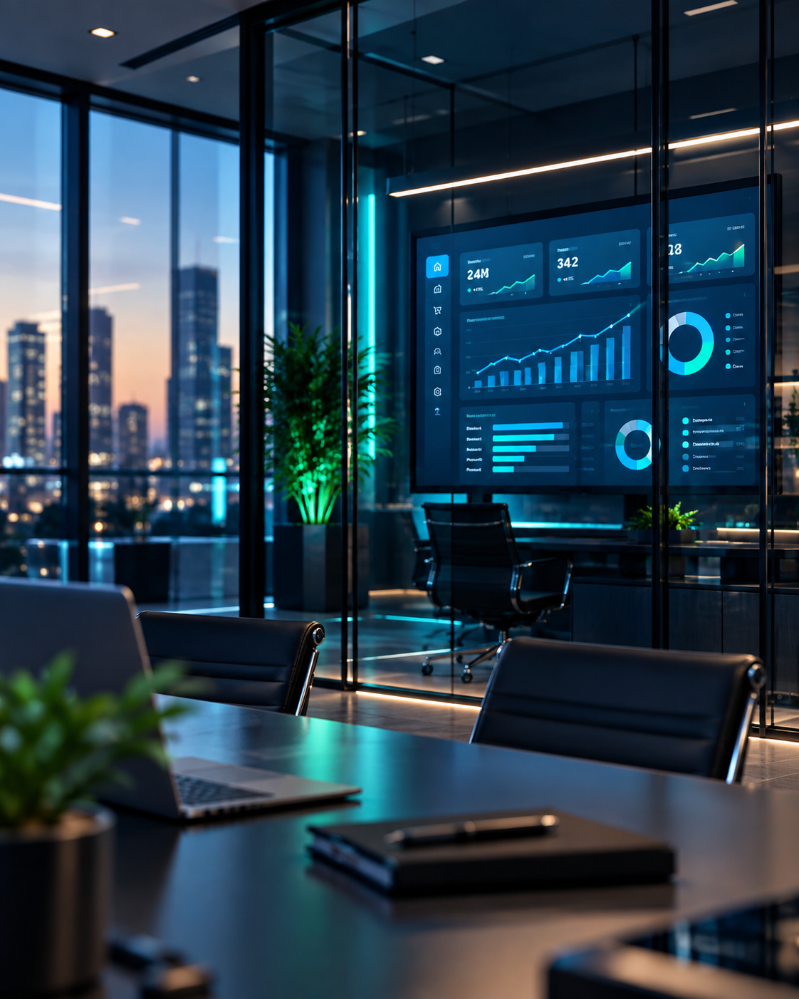 Escritorio corporativo com dashboard de gestao empresarial