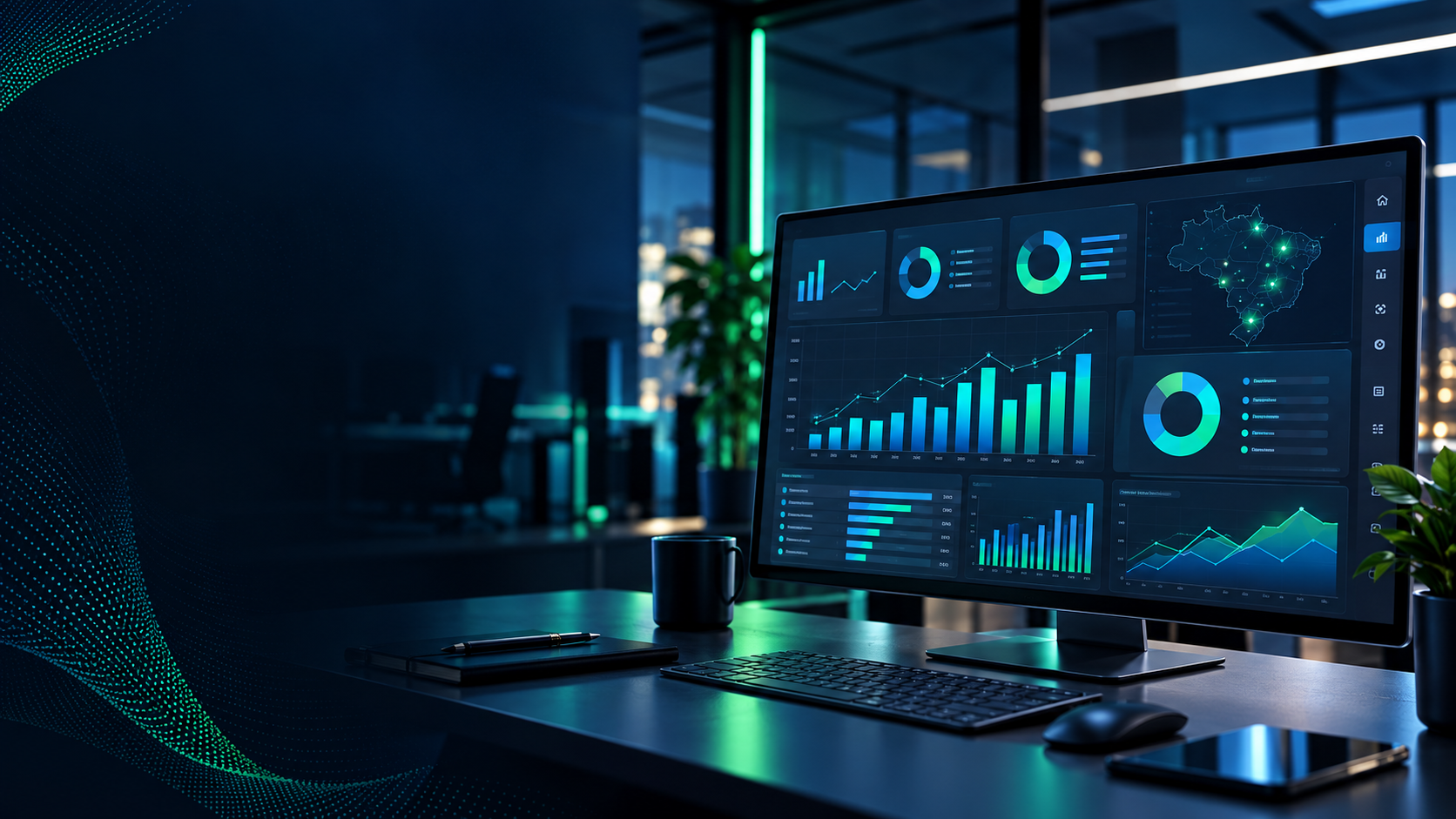 Ambiente corporativo com dashboard analitico para Power BI e tomada de decisao