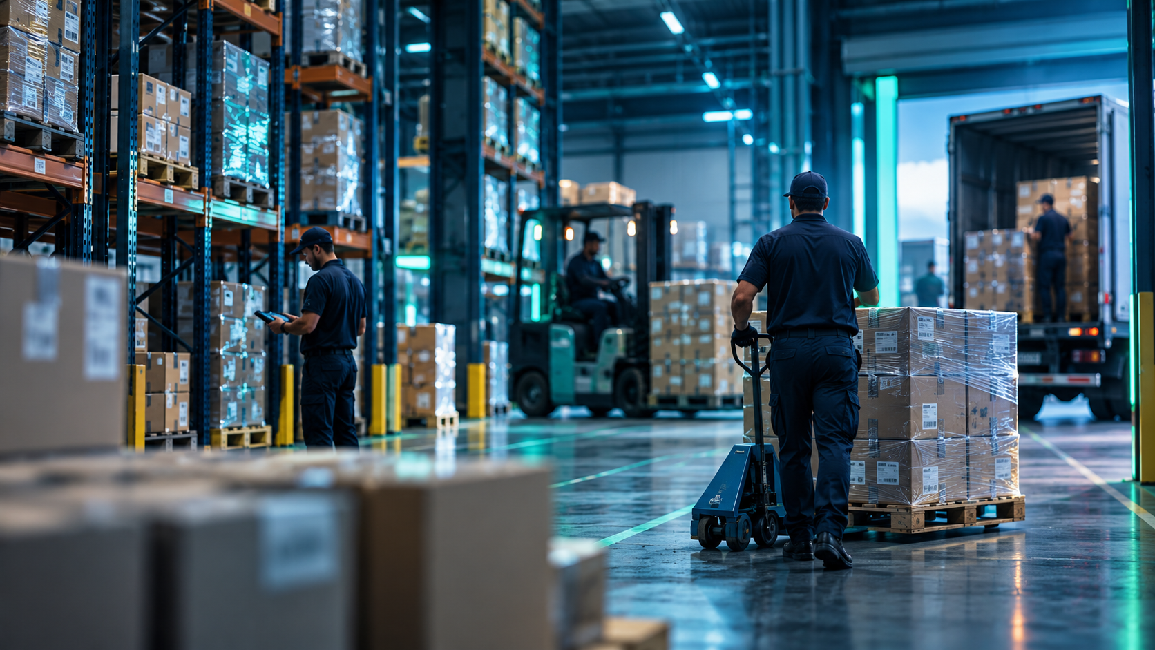 Operacao logistica em armazem moderno para distribuicao e atacado