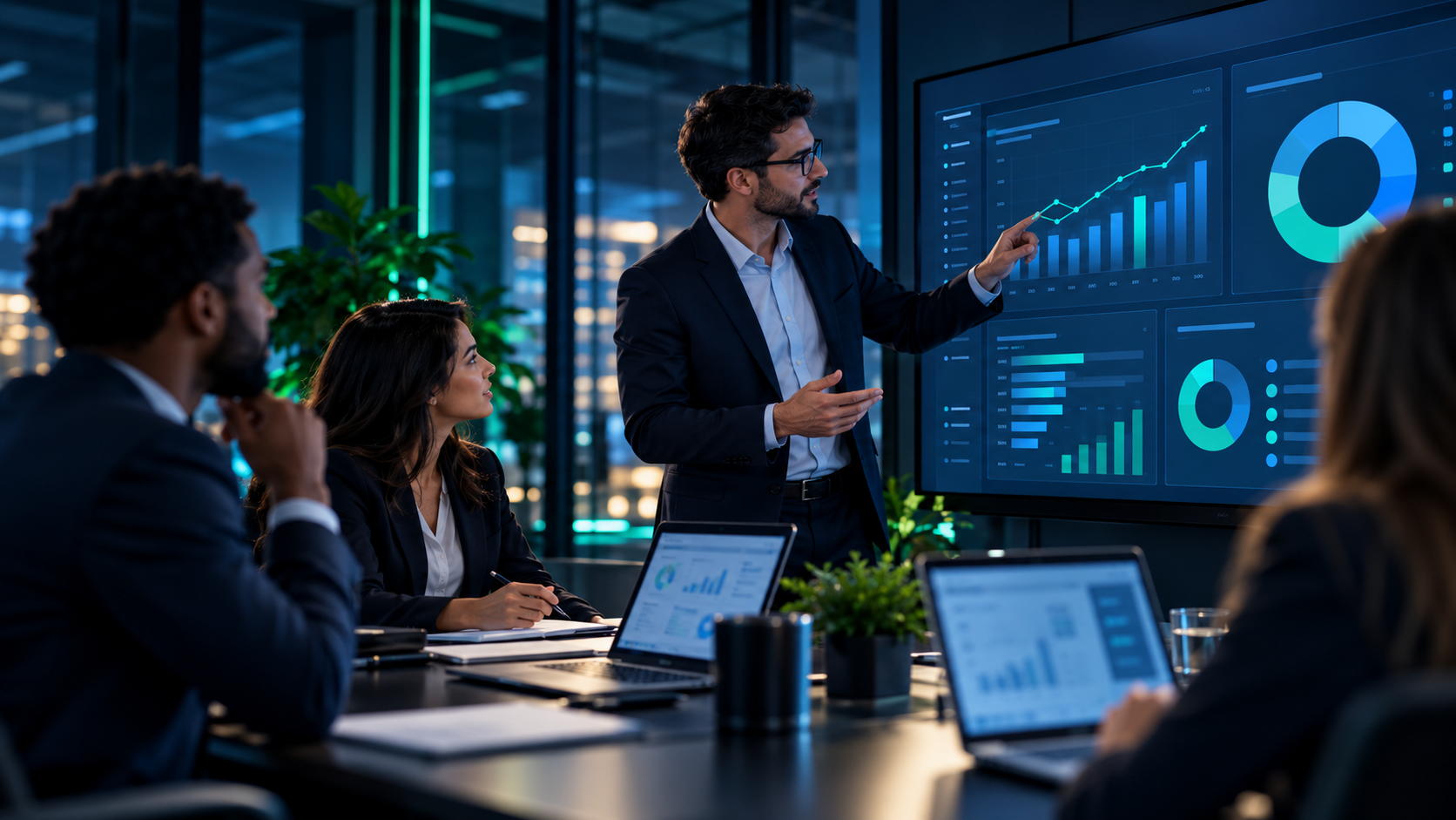 Reuniao estrategica de servicos com dados e indicadores empresariais