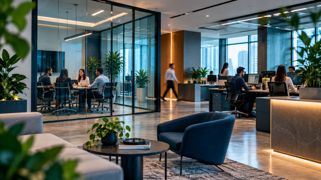 Ambiente corporativo moderno com equipe em escritório